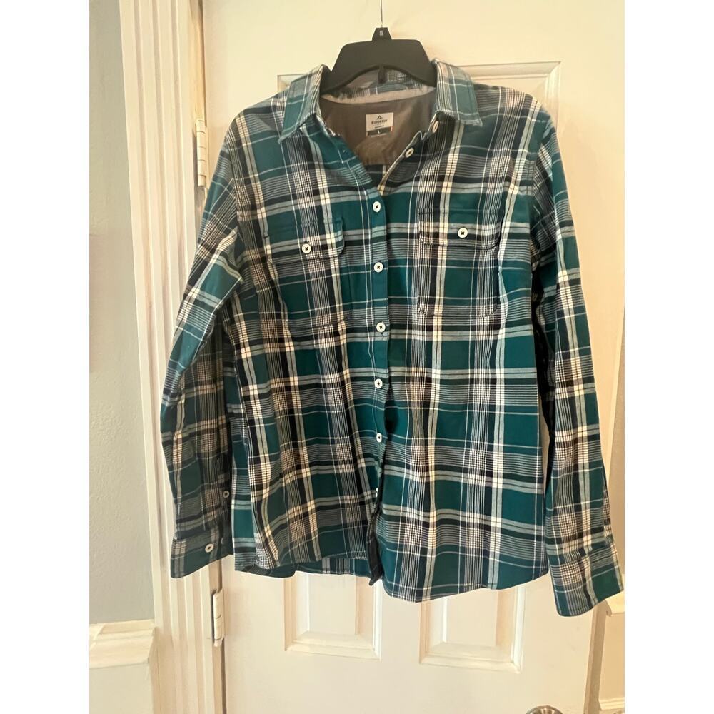 Ridgecut Toughwear Shirt Women Large Green Plaid Flannel Hiking Outdoor Western